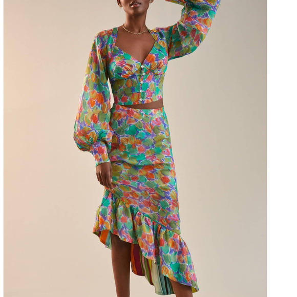 NWT $284 Hope for Flowers Womens Asymmetrical Slim Floral Midi Skirt Size M - Picture 1 of 9